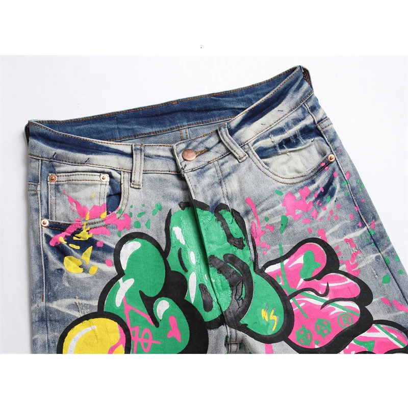 starbags style Punk trend retro blue ripped slim stretch print small feet mens jeans 240716