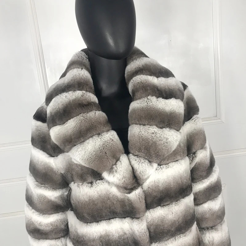 Delightful Chinchilla Fur Jacket Coat Natural Rex Rabbit Fur Overcoat Women Long outwear High Fashion 240716