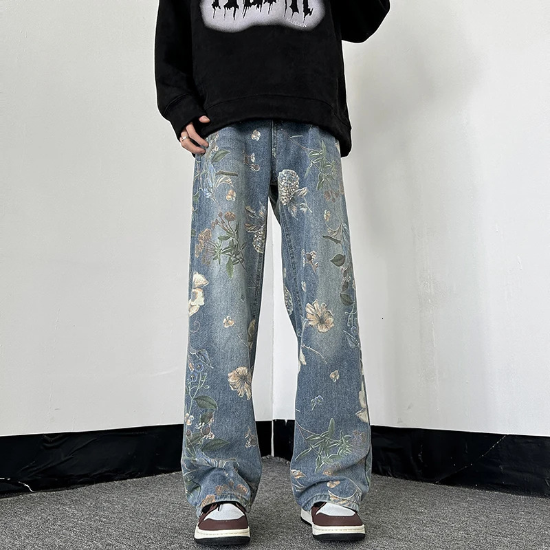 NOYMEI Mens Spring Trousers Wide Leg Pants Denim Trendy Simple Printing Straight Jean High Street All-match WA4104 240716