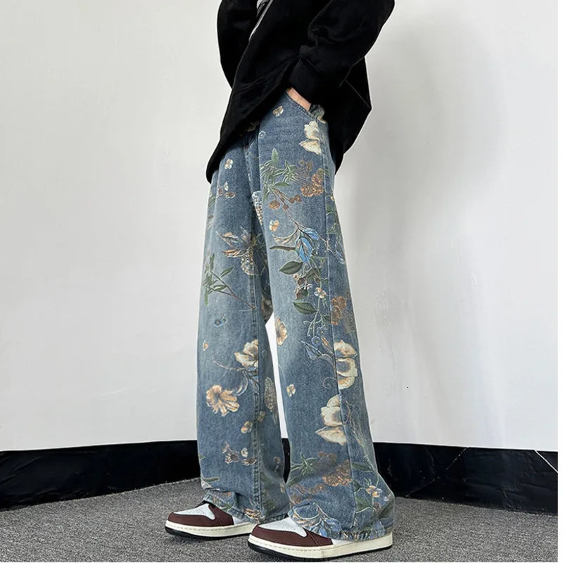 NOYMEI Mens Spring Trousers Wide Leg Pants Denim Trendy Simple Printing Straight Jean High Street All-match WA4104 240716