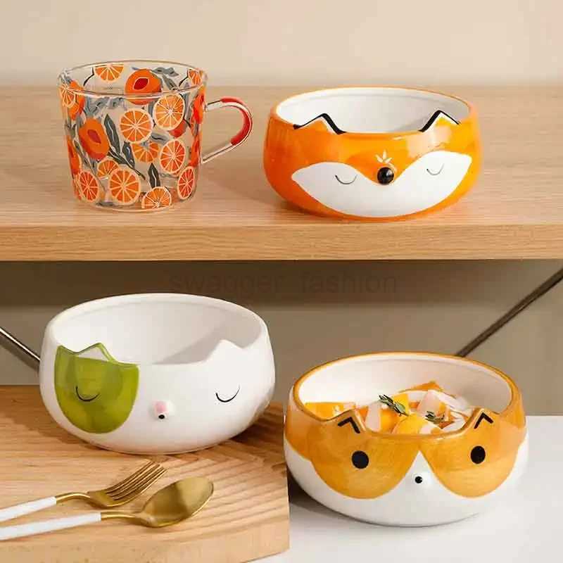 Hand Painted Fox Cat Dog Bowls Cute Animal Bowl For Salad Fruit Noodle Rice Soup Creative Underglaze Ceramic Children TablewareB270723 - view 5