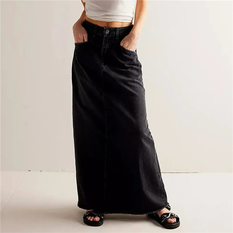Vintage Women Denim Maxi Skirt Raw Hem A-Line Jean Skirt Casual Y2K Fashion High Waisted Long Denim Skirt with Pockets 240715