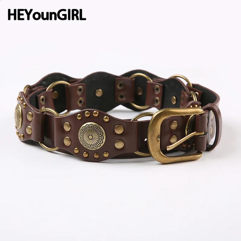 HEYounGIRL Leather Women Belts For Dresses Vintage Brown PU Waist Belt Bohemian Style Metal Buckle Waistband Fashion Accessories 240713