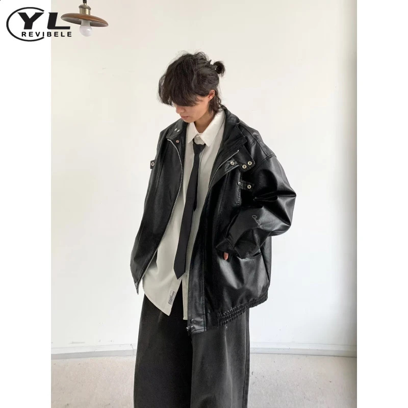 Street Stand Collar Pilot Jacket Men Vintage Pu Leather Motorcycle Jackets Loose Windbreak Coats Woman Oversized Bomber Outwear 240722