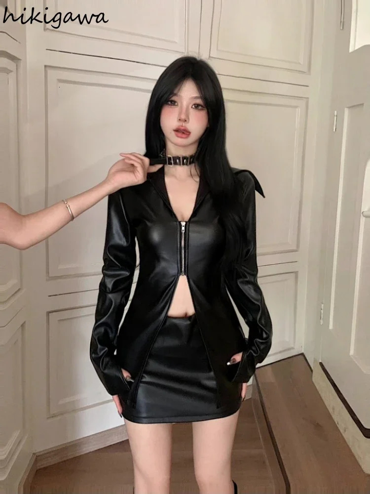 Temperament Black Coat Women Clothing Tunic Long Sleeve Zipper Y2k Tops Ropa Mujer Fashion Casual Leather PU Jackets 27r353 240717