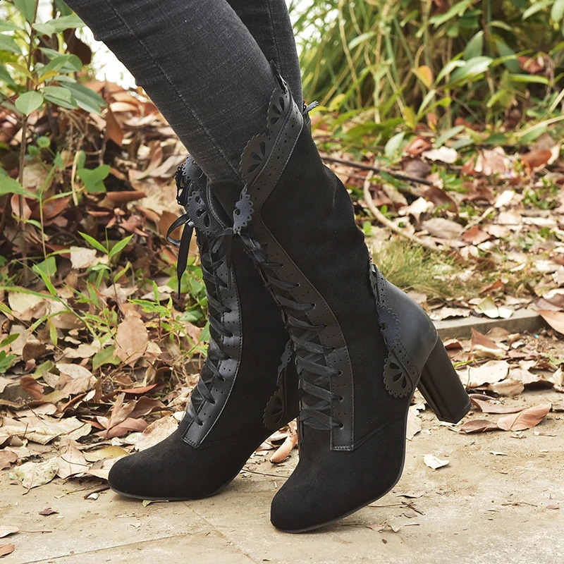 Women Lace Womens High Heel Middle Tube Boots Botas Zapatos Mujer Retro Leather Winter Shoes Booties Cowboy Botas Mujer 240719