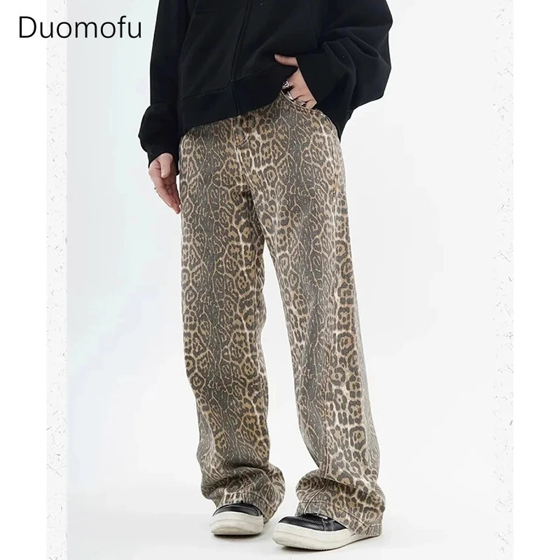 Duomofu Vintage Leopard Print Jeans Women Casual Hip Pop Wide Leg Trousers Oversized High Waist Panther Denim Pants Female Y2K 240717
