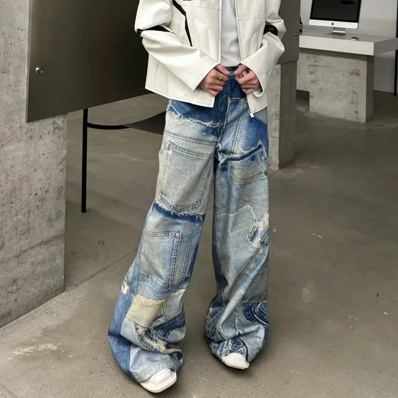 NOYMEI Vintage Style Spring Mens Denim Jean Printing Patch Decoration High Street Trendy Trousers Male Pants WA3971 240716