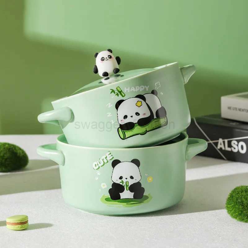 Panda Ceramic Bowl 800ml Covered Lamian Noodles Bowl Lovely Panda Instant Noodle Bowl Covered Double Ear Rice Bowl Soup Bowl SetB270723