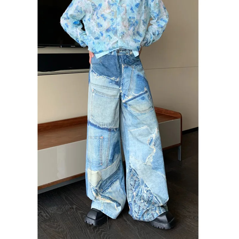 NOYMEI Vintage Style Spring Mens Denim Jean Printing Patch Decoration High Street Trendy Trousers Male Pants WA3971 240716