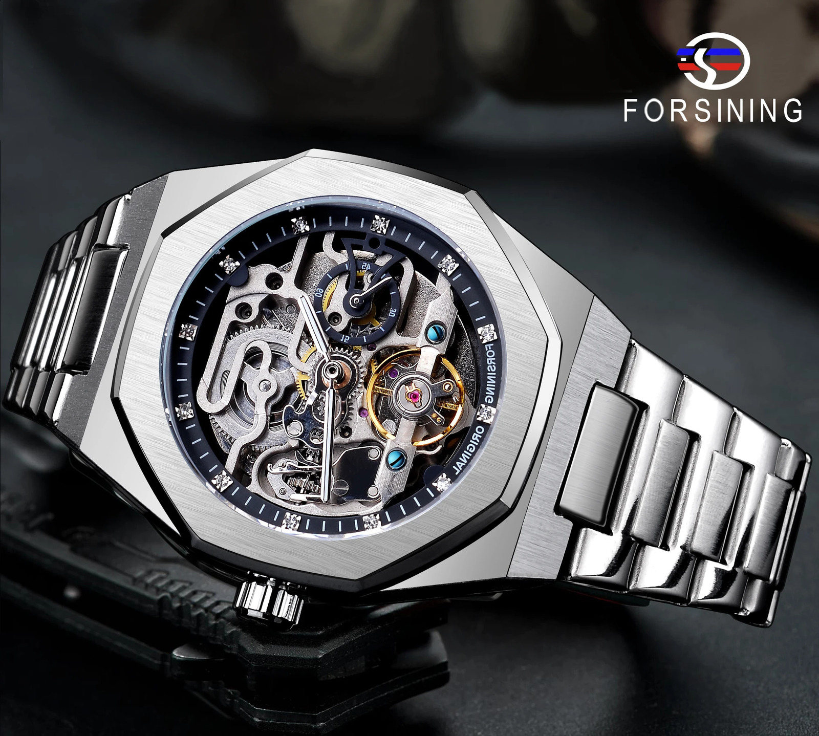 Forsining Casual Automatic Watch 3D Diamond Skeleton Hollow Mens Wristwatches Luminous Military Watches Montre Homme 240709