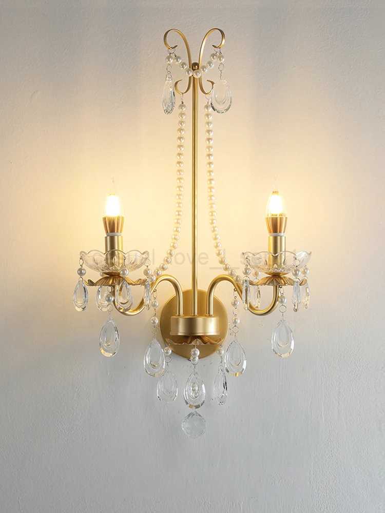 Noridc Living Room Wall Lamp Light Luxury Gold Wall Sconce Aluminum TV Backdrop Double Wall Lights European Crystal Decor LEDCL240722