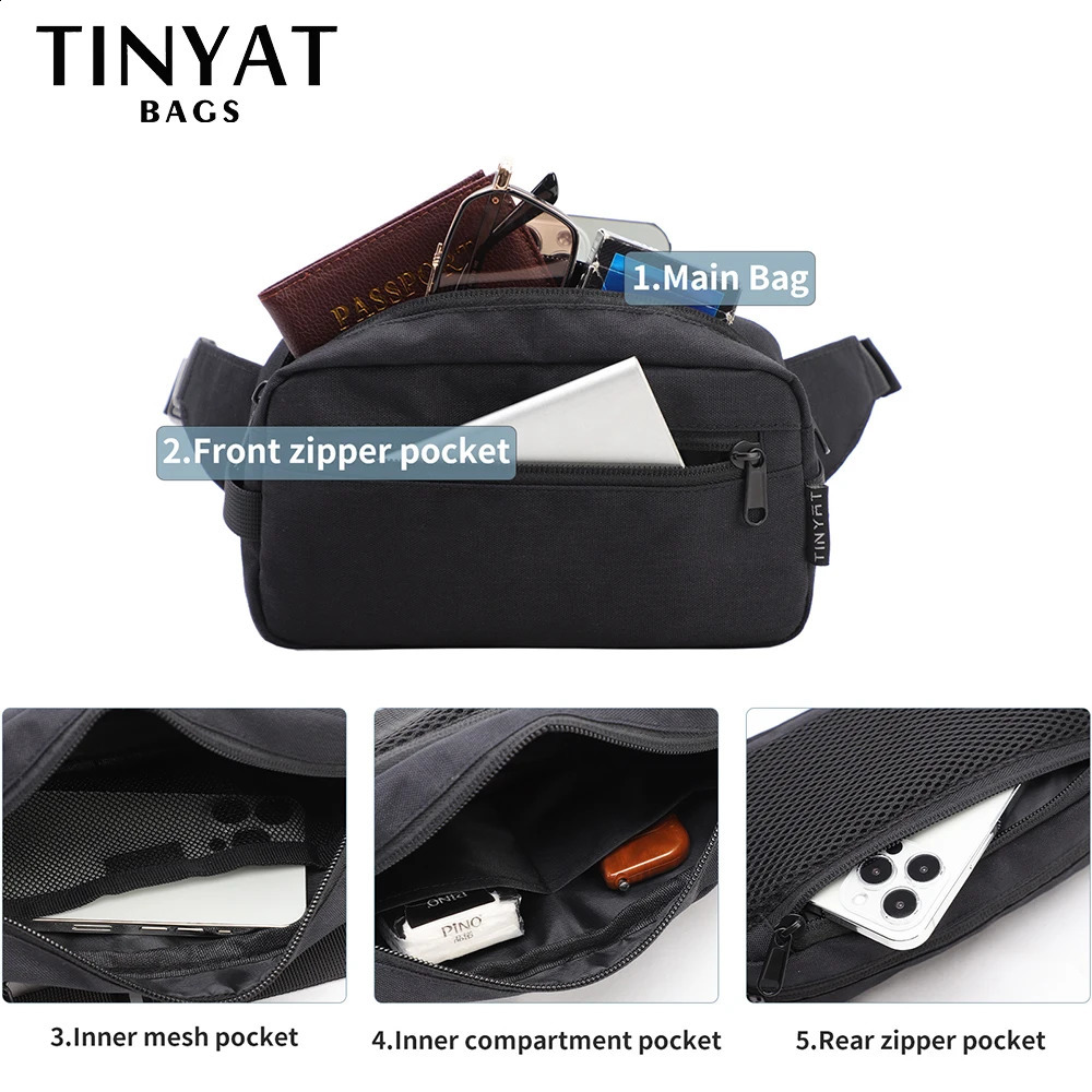 Tinyat Mens Waist Bag Mobile Wallet Travel Big Womens Belt Waterproof Shoulder Black Fanny Bum 240821