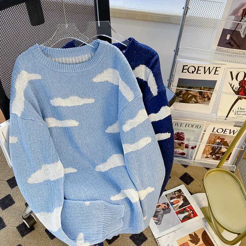 Lazy Style Clouds Print Men Long Sleeve Sweaters Japan Style Fashion Harajuku Simple Oversized Knitted Couple Clothes Blue Navy Z240912
