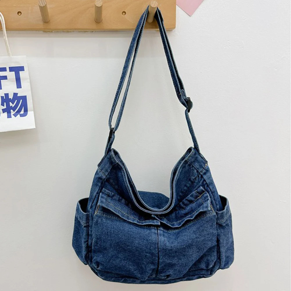 Denim Vintage Messenger Bag Retro Jeans Tote Large Capacity Women Casual Satchel Fashion Shoulder Handbag 240731