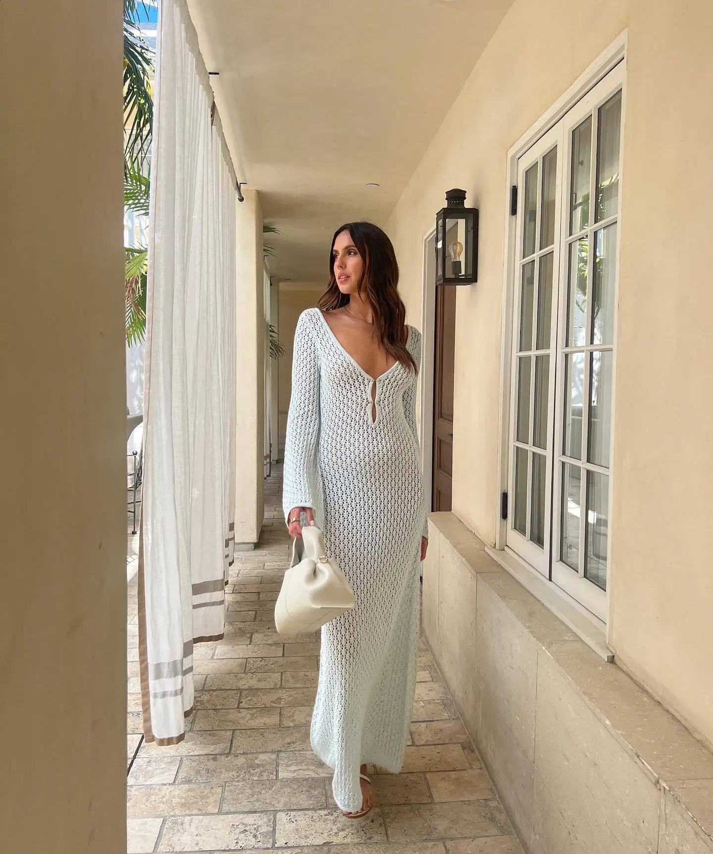 Women See Through Knitted Beach Dresses Summer Autumn Vneck Long Sleeve Elegant Dress Hollow Out Bikinis Cover Up Robe 240712