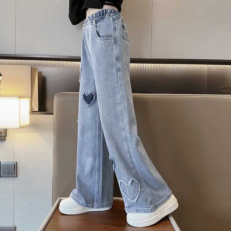 Jeans New Fashion Teenager Girls Denim Wide Leg Pants Children Trousers Spring Autumn Love Pattern Girls Jeans 5-14 Years Kids Clothes