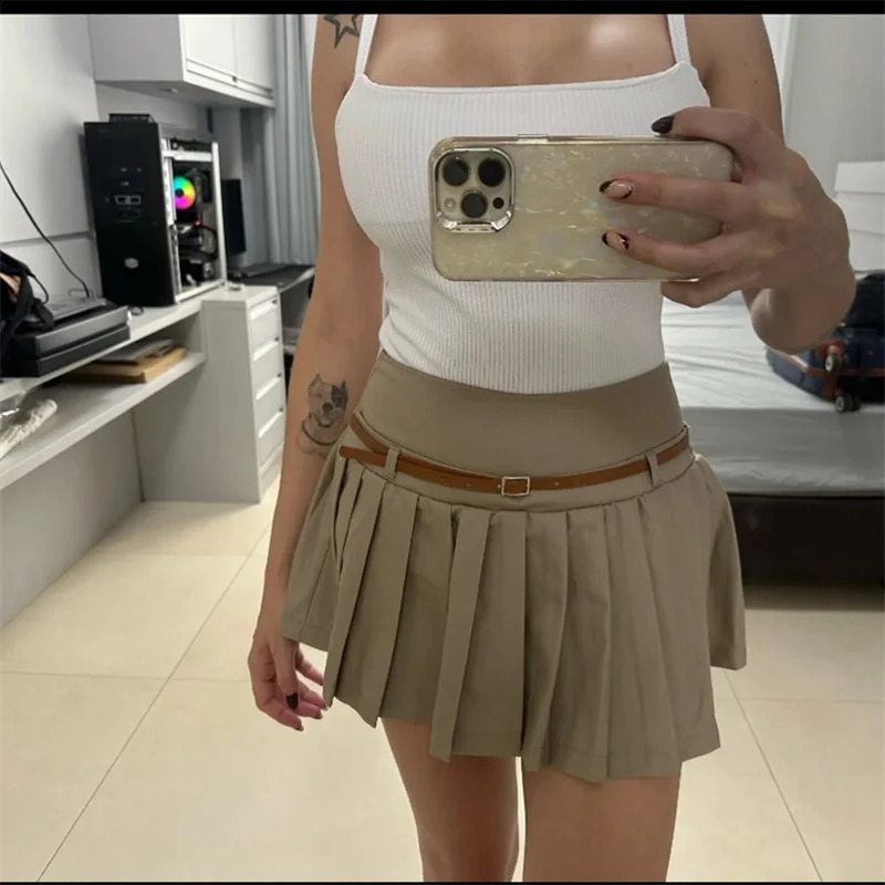TRAF Pleated Woman Skirt Belt Skort For Women Black High Waist Mini Shorts Fashion Ruched Summer Short Skirts 240722