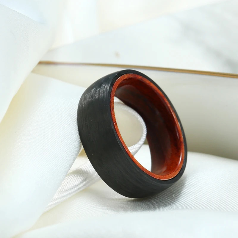 Mens 8mm Domed Pure Carbon Fiber Rings Solid Hawaiian KOA Wood Sleeve Wedding Band Comfort Fit 240713