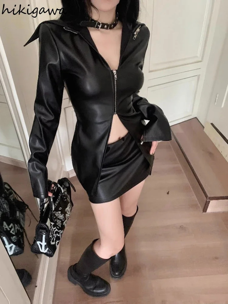 Temperament Black Coat Women Clothing Tunic Long Sleeve Zipper Y2k Tops Ropa Mujer Fashion Casual Leather PU Jackets 27r353 240717