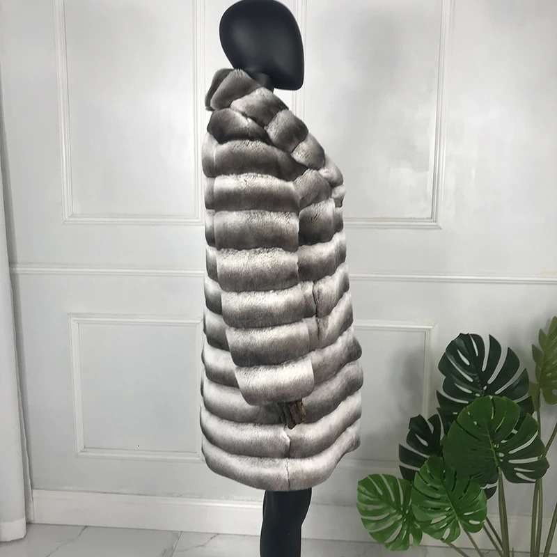 Delightful Chinchilla Fur Jacket Coat Natural Rex Rabbit Fur Overcoat Women Long outwear High Fashion 240716