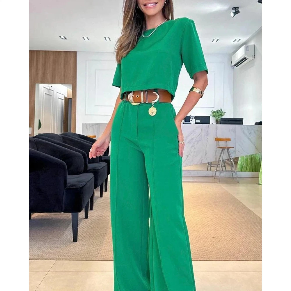 Leisure and Fashion Womens Half Sleeve Crop Tshirt Wide Leg Pants Set Summer Office Two Piece Work Clothes 240718