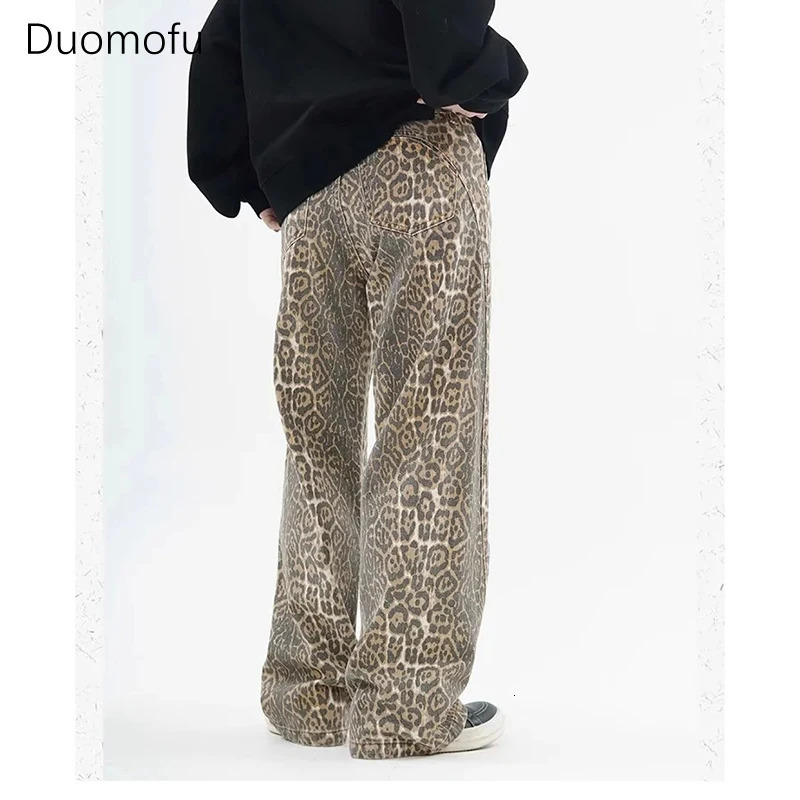 Duomofu Vintage Leopard Print Jeans Women Casual Hip Pop Wide Leg Trousers Oversized High Waist Panther Denim Pants Female Y2K 240717