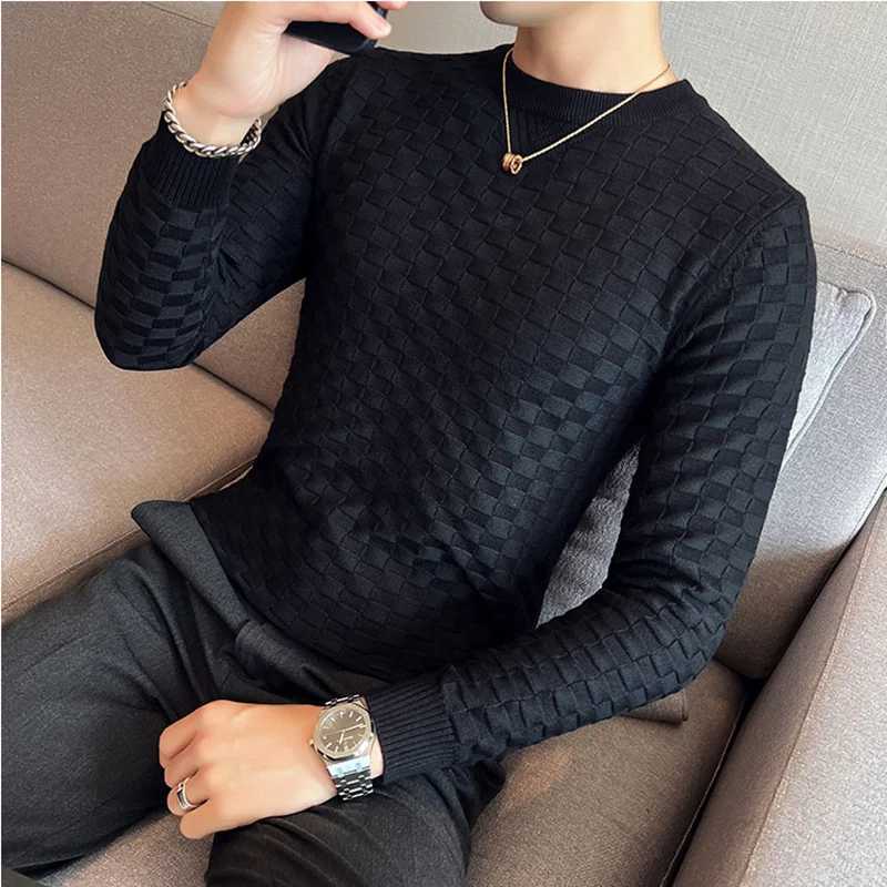 Autumn Winter Stretch Jacquard Woven O-Neck Sweater Mens Waffle Slim Fit Long Sleeve Knitted Pullovers Casual Streetwear Homme Z240912
