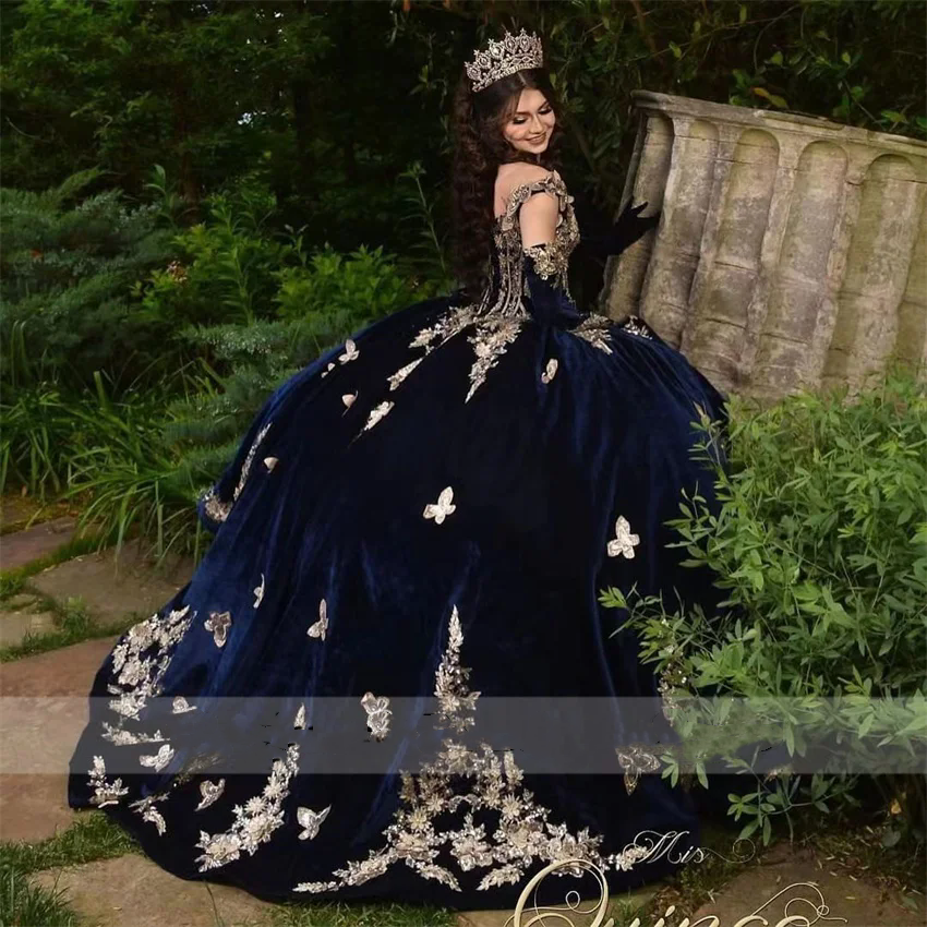 Navy Blue Veet Quinceanera Dress With Gloves & Butterfly Appliques - Sweet 16 Ball Gown