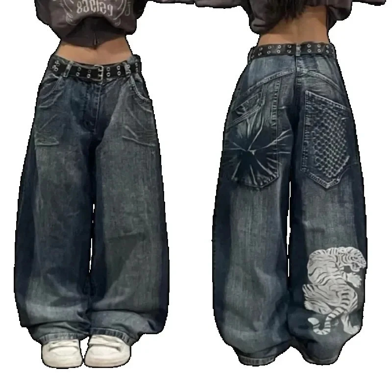 Harajuku Print Jeans Women Y2K Street Hip Hop Fashion Joker Straight Wide Leg Pants Punk Rock Casual Trousers 240717