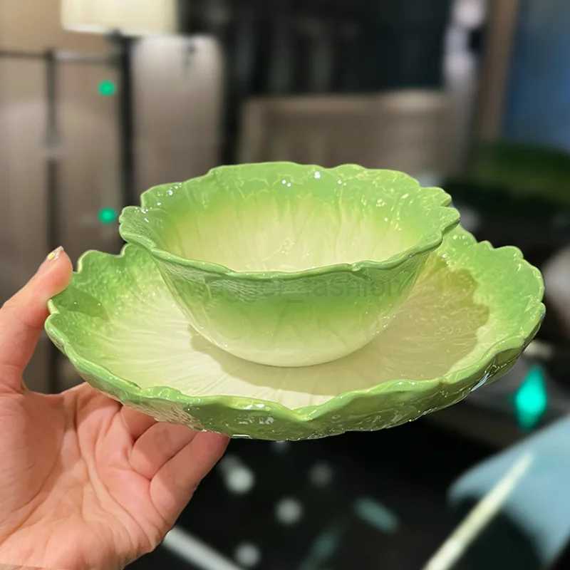 Creative Home Tableware Ceramic Cabbage Color Matching Pastoral Style Rice Ramen Bowl +Plate High-Grade Green TablewareB270723