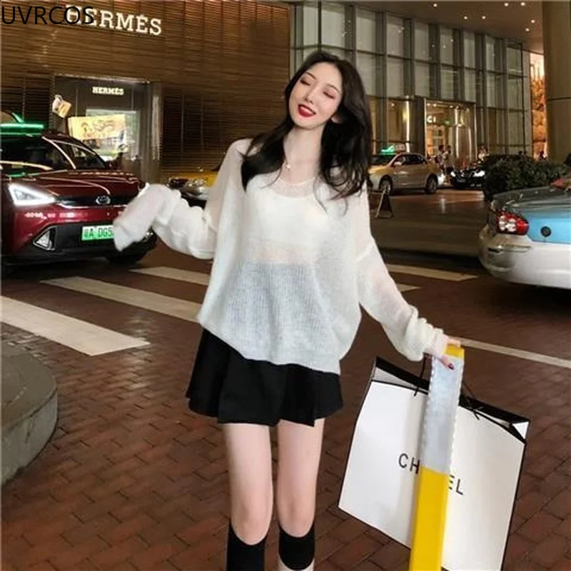 Sexy Thin Sweaters Women Vintage Hollow Knitted Pullovers Top Sweet Casual Loose Vneck Sweatshirt Elegant Korean Womens Clothes 240719