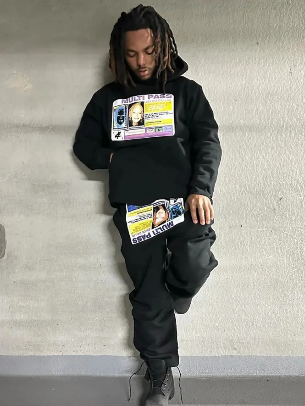 High Street Y2K Round Neck Hooded And Casual Print Harajuku Sports Long Pant Sweatshirt Drawstring Men Two Piece Set 240722