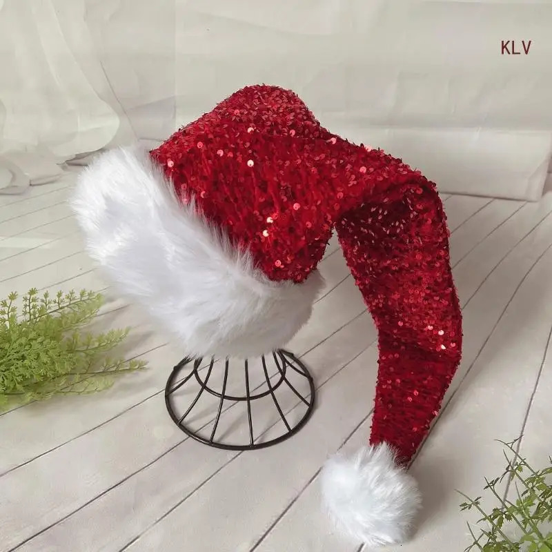 Adult Santa Hat with Sequins Thicken Plush for Holiday Comfort Liner Christmas Year Symbol Cap with White Brim 240715