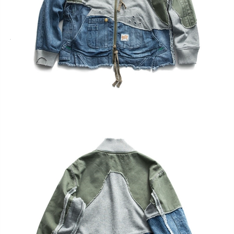 ABOORUN Washed Ripped Denim Patchwork Jackets Mens Vintage Turtleneck Cotton Coat 240701