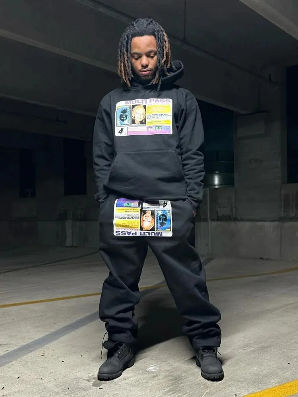 High Street Y2K Round Neck Hooded And Casual Print Harajuku Sports Long Pant Sweatshirt Drawstring Men Two Piece Set 240722