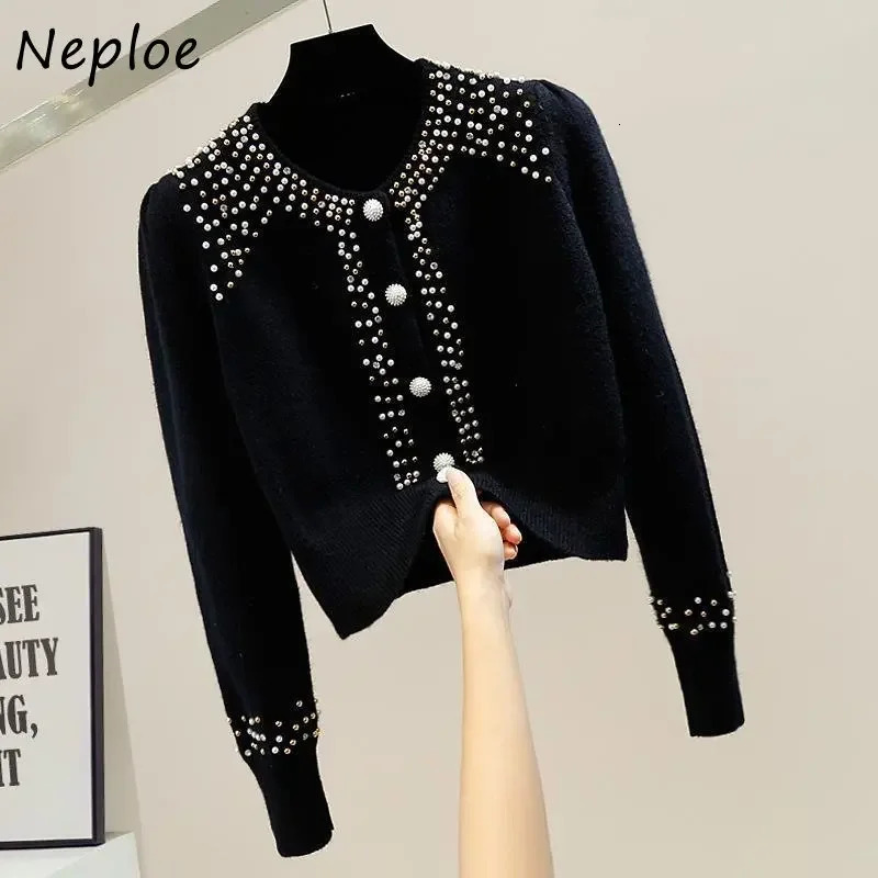 Neploe O Neck Beading Diamonds Outerwear Autumn Solid Color Long Sleeve Single-breasted Sweater Y2k Clothes Cardigan Women 240717