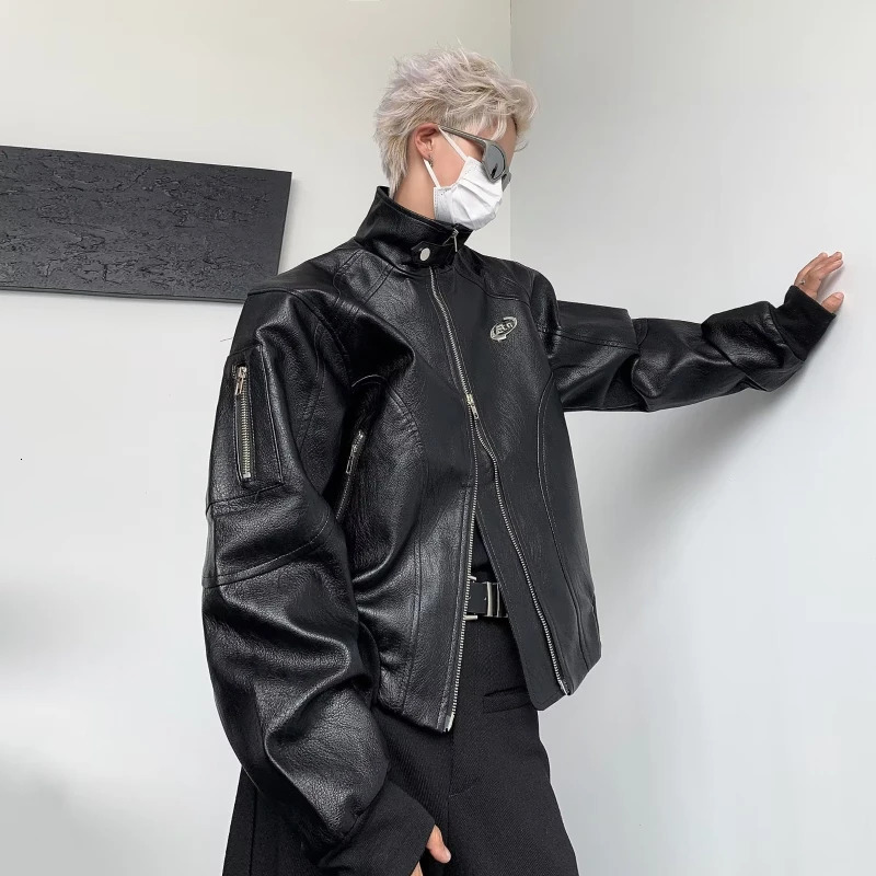 Punk Leather Jacket Mens Spring Standing Collar Trendy High Street Coats Y2k Streetwear Hip Hop Motorcycle Outwear 240716