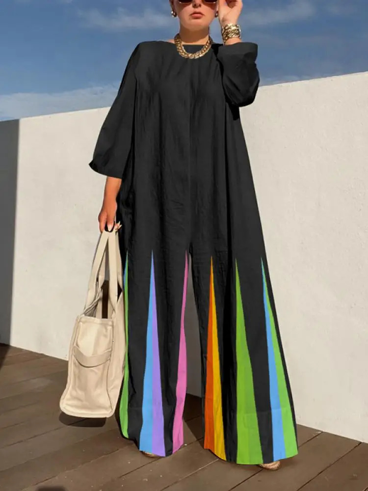 Yeezzi Female Fashion Colorful Striped Wide Leg Jumpsuits 2024 Spring Long Sleeves Round-Neck Zipper Jump Suits For Women 240715
