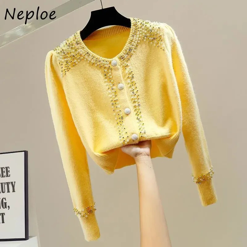 Neploe O Neck Beading Diamonds Outerwear Autumn Solid Color Long Sleeve Single-breasted Sweater Y2k Clothes Cardigan Women 240717