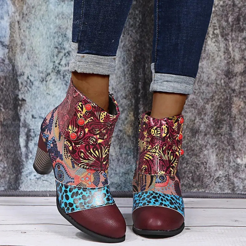 Ankle Boots Women Autumn PU Womens Shoes Ethnic Waterproof Casual Vintage Shoes Zipper High Heel Short Boots Botas Mujer 240716 - view 3