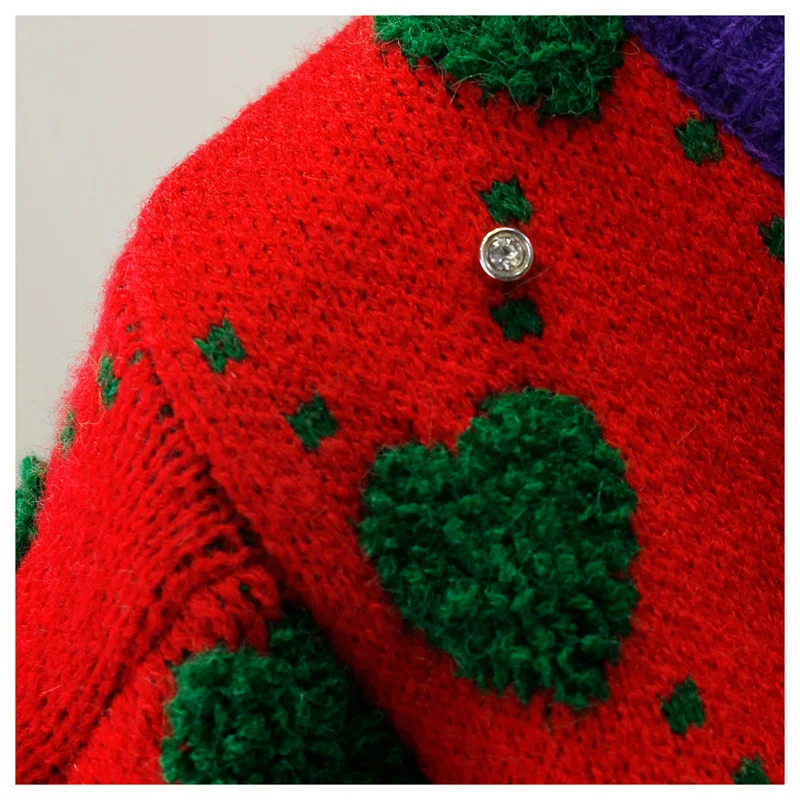 Embroidery Sweater Autumn Winter Heavy Industry Nail Bead Love Jacquard Color Block Bubble Sleeve Sweater for Womens Cardigan 240717