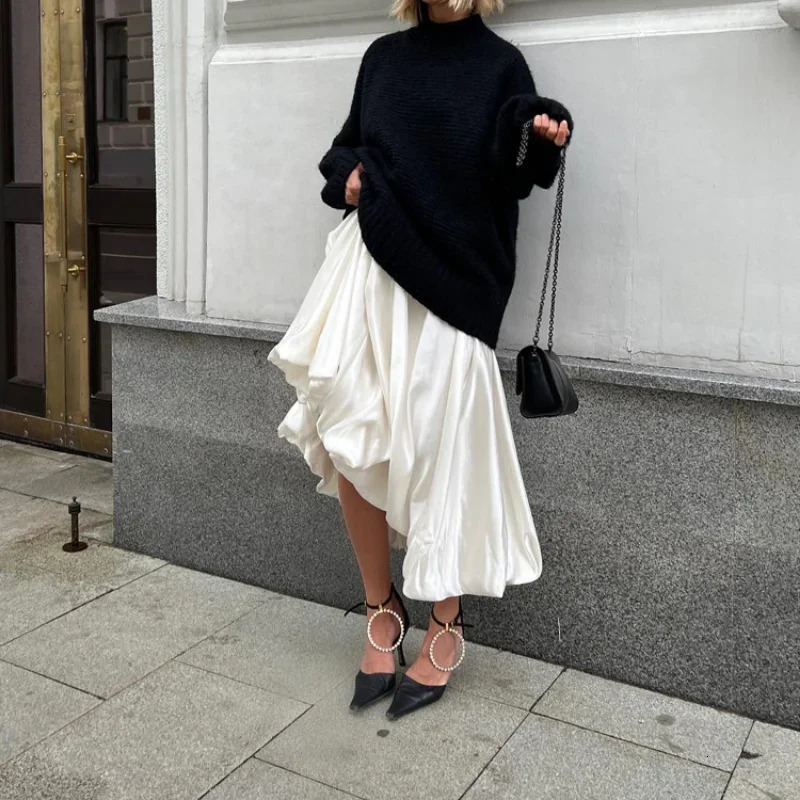 DEEPTOWN Balloon Skirt Long Women Satin Vintage Loose High Waist A-line Maxi Bubble Skirt Office Lady Elegant Female Old Money 240715