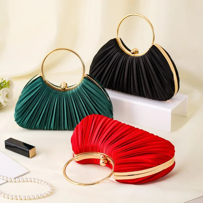 Pleated Evening Handbag Women Top Handle Glitter Day Clutch Ladies Wedding Dinner Dress Clip Bag Diamond Party Purse Gold Colour 240722