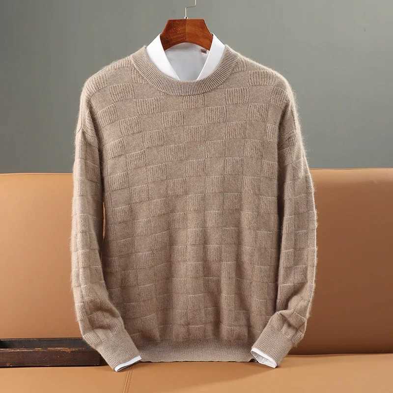 Men 100% Alxa Cashmere Sweater Round Neck Pullover Knit Sweater Autumn and Winter New Checkered Long-Sleeved High-End Jumper Top Z240912