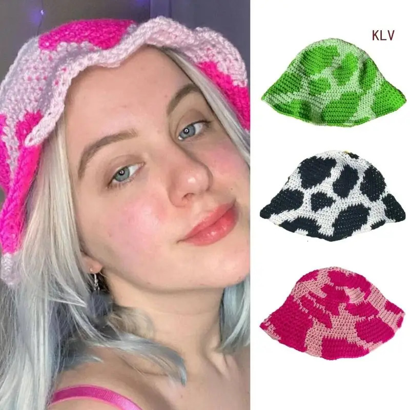 Elegant Bucket Hat Colorful Cow Pattern Crochet Hat Holiday Decors Vacation Hat Western Cloch for Schoolgirls 240715