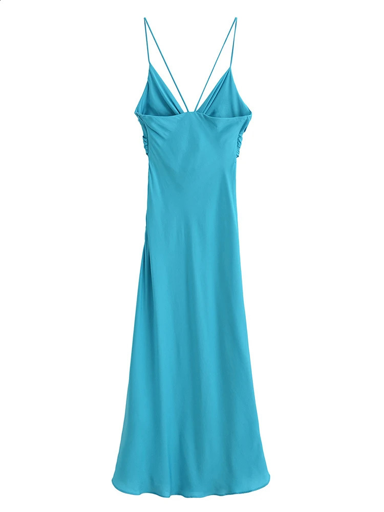 TRAF Sexy Satin Lace Up Hollow Out Dres Slim Sleeveless Backless Party Dresses Female 2024 Summer Lady Robe 240905