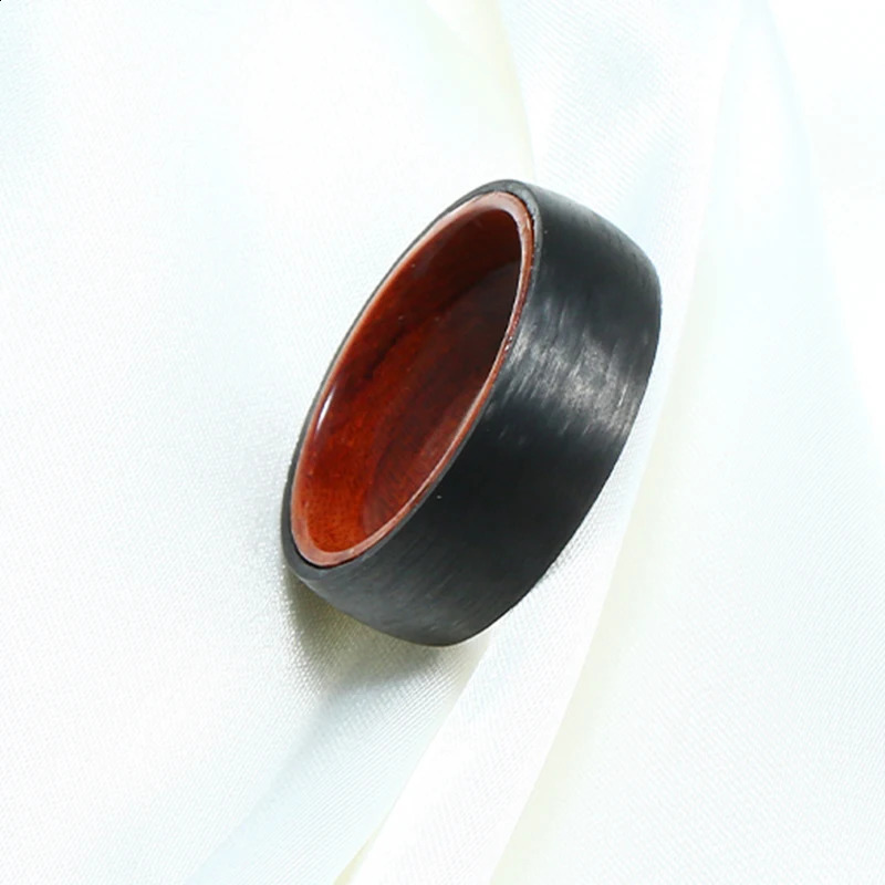 Mens 8mm Domed Pure Carbon Fiber Rings Solid Hawaiian KOA Wood Sleeve Wedding Band Comfort Fit 240713
