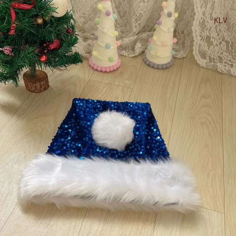 Adult Santa Hat with Sequins Thicken Plush for Holiday Comfort Liner Christmas Year Symbol Cap with White Brim 240715
