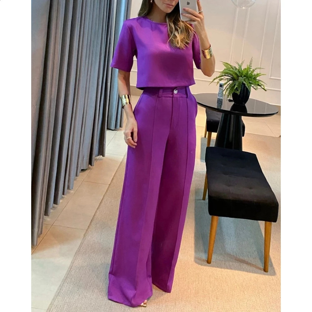Leisure and Fashion Womens Half Sleeve Crop Tshirt Wide Leg Pants Set Summer Office Two Piece Work Clothes 240718